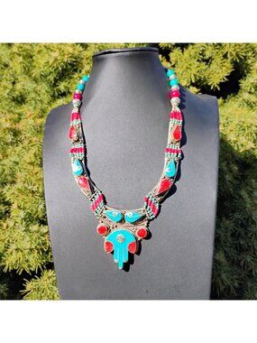 Handcrafted Tibetan Silver Collar Necklace w/Inlay Turquoise & Coral w/Beads